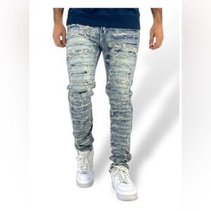 WAIMEA Skinny Fit Ripped Distressed Light Wash Streetwear Jeans 36X32